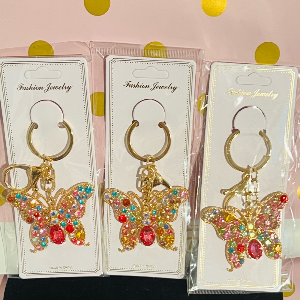 Butterfly Rhinestone Keychain/Bag Charm Gold with Multicolor Gems NEW